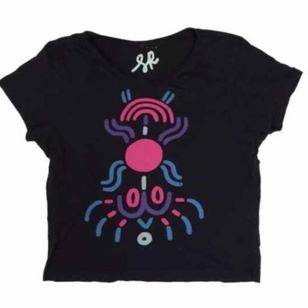 Vintage Y2K H&M Black Graphic Print Cotton Crop Top Baby Tee | Indie Sleaze Twee - Picture 1 of 5